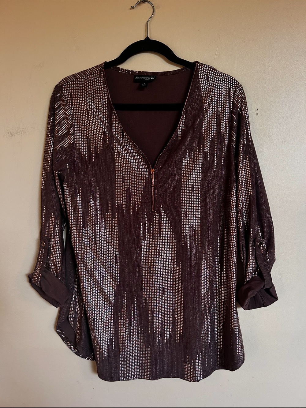 Antthony Original Metallic Abstract Print Zip Front Blouse Size M